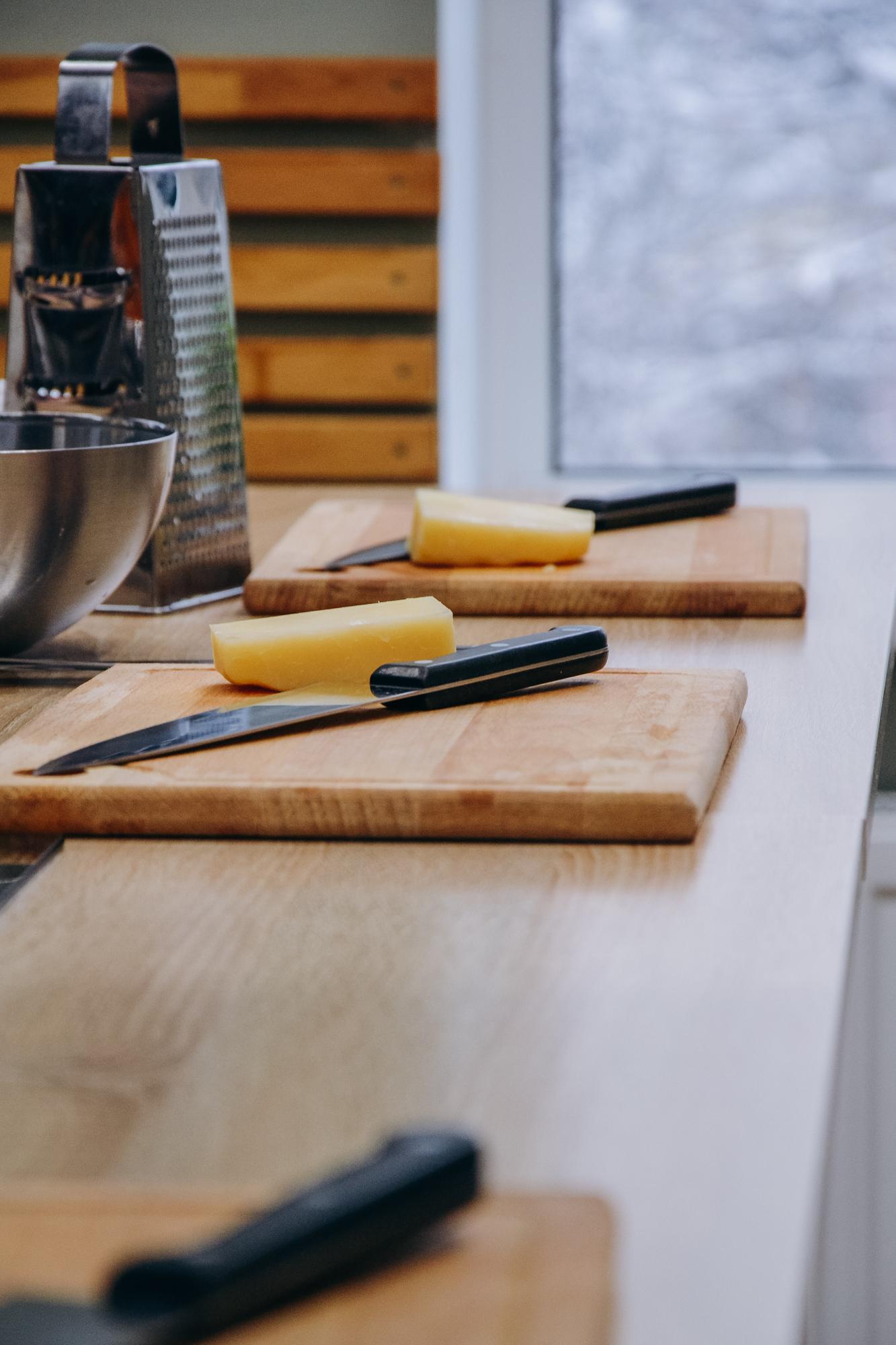 Workshop table with cutting boards and tools